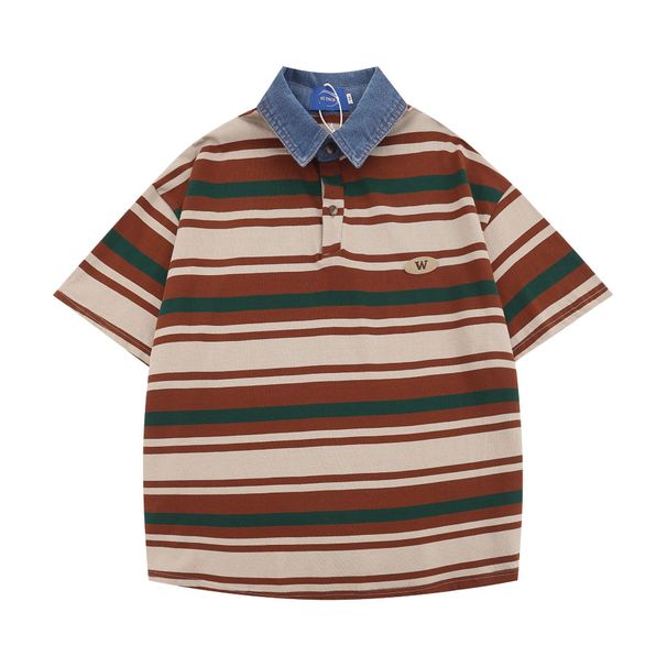 Men's Clothing Retro Striped Short Sleeved Polo Shirt For Men And Women In Summer Trendy Brand Loose Bf Couple Cotton Short Sleeved T Shirt Tops_viptrois.com