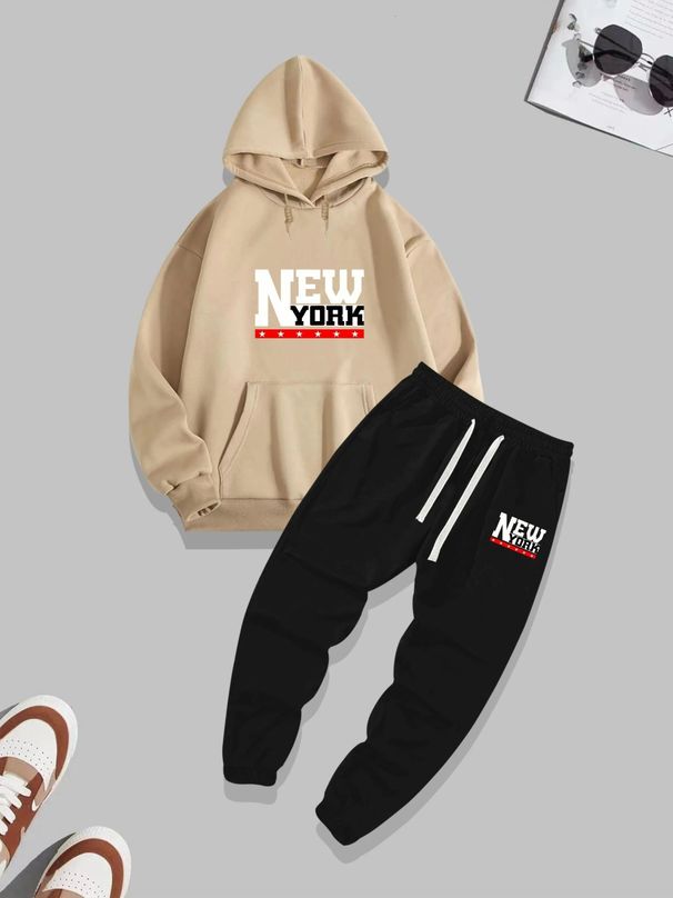 Men's Autumn And Winter Casual Fashion New York Pattern Print Loose Plush Thick Hooded Sweatshirt+sweatpants Set_viptrois.com