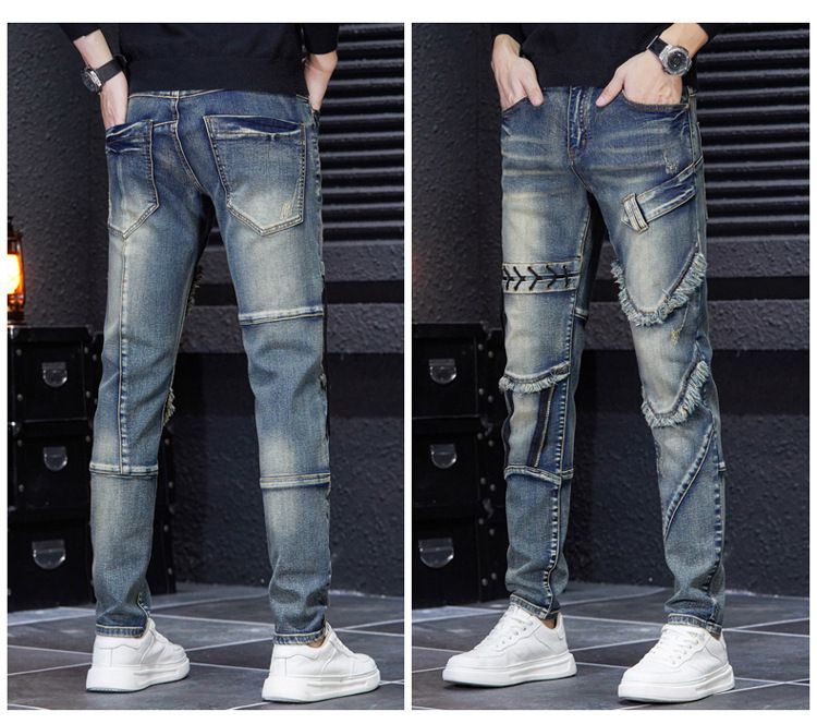 Men's new autumn street fashion men's jeans spliced slim fit scratched holes beggar small straight mid-waist pants_viptrois.com