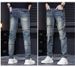 Men's new autumn street fashion men's jeans spliced slim fit scratched holes beggar small straight mid-waist pants_viptrois.com