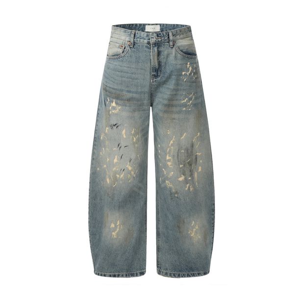 Paint Splatter Scimitar Jeans Street Fashion Punk Washed Frayed Vintage Dirty Wide-Leg Men's Loose Long Pants_viptrois.com