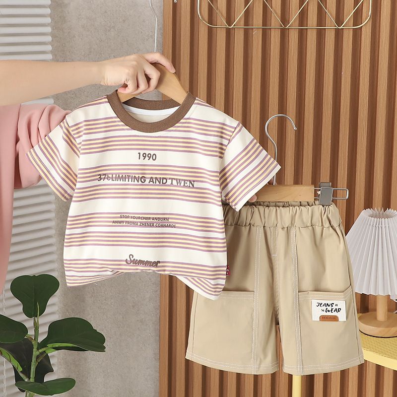 Boys' Striped Short Sleeved Thin Korean Version Top And Shorts Set, Children's Summer Two-piece Set_viptrois.com