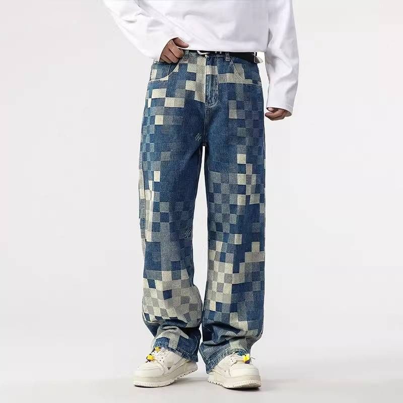 Men's Clothing Autumn New Checkerboard Loose Wide Leg Straight Casual Trousers_viptrois.com