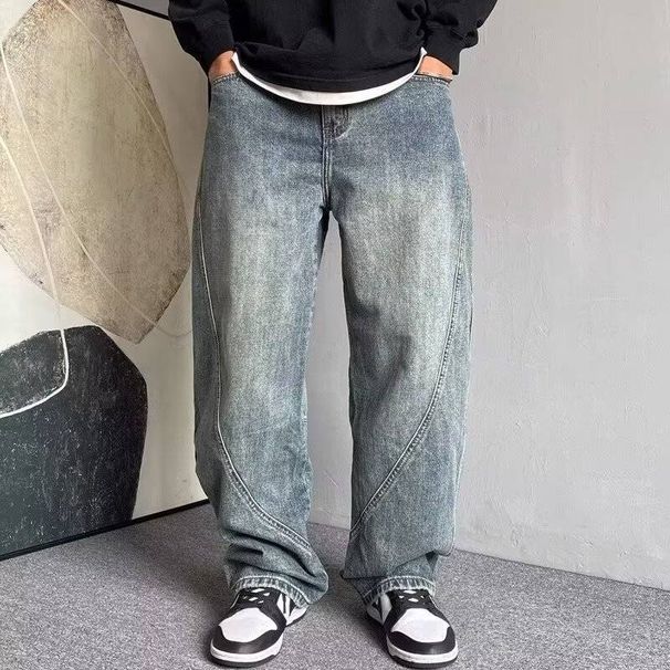 Men's Clothing Jeans For Men High Street Fashion Brand Washed Distressed Scimitar Pants Versatile Loose Straight Casual Trousers For Men_viptrois.com