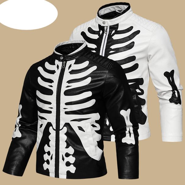 Men's Clothing Men's PU Leather Jacket Trend Motorcycle Leather Jacket Skull Embroidery Human Bones Black And White Contrast Color Performance Dress_viptrois.com