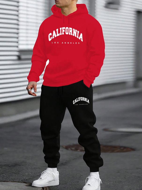 Men's Autumn And Winter Casual Fashion California Letter Printed Loose Suede Thick Hooded Sweatshirt+sports Pants Set_viptrois.com