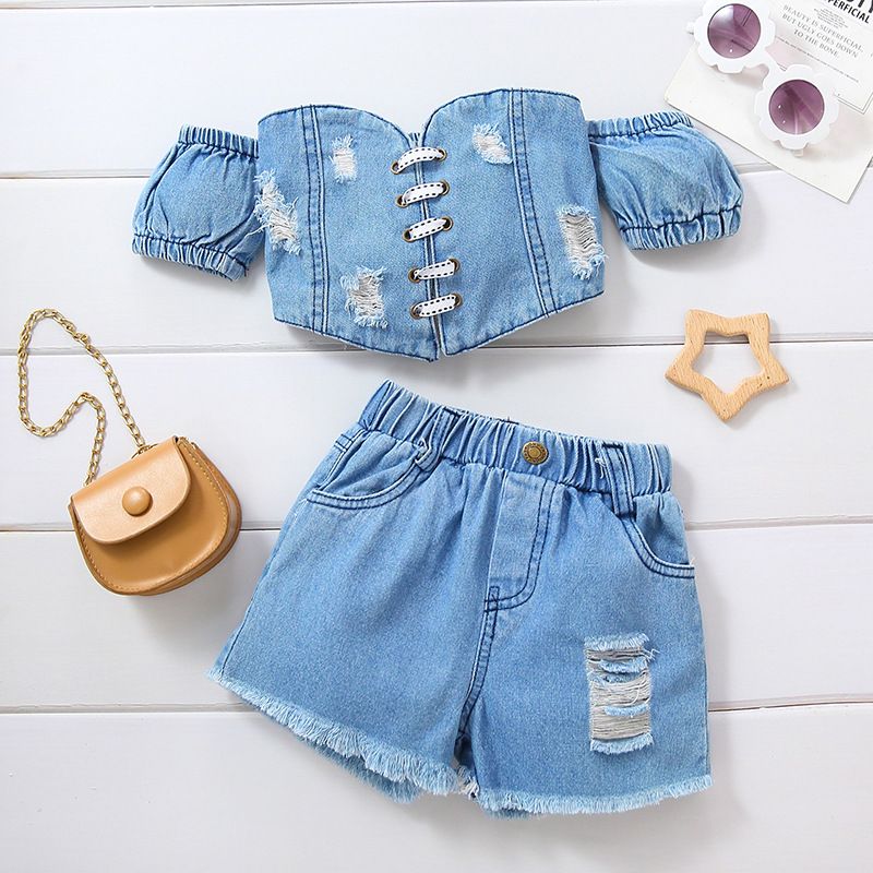 Baby Clothing Girls' off-the-shoulder short sleeve strap-up denim ripped top + shorts set_viptrois.com