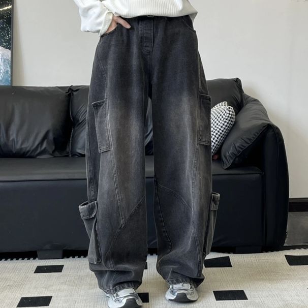 JAVE PASOK Trendy American Style Multi-Pocket High Street Design Unisex Jeans Loose Wide-Leg Casual Long Pants_viptrois.com