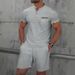 Men's Waffle Knit Short Sleeve Stand Collar Shirt & Shorts Set - Summer Casual Outfit With Color Block Design_viptrois.com