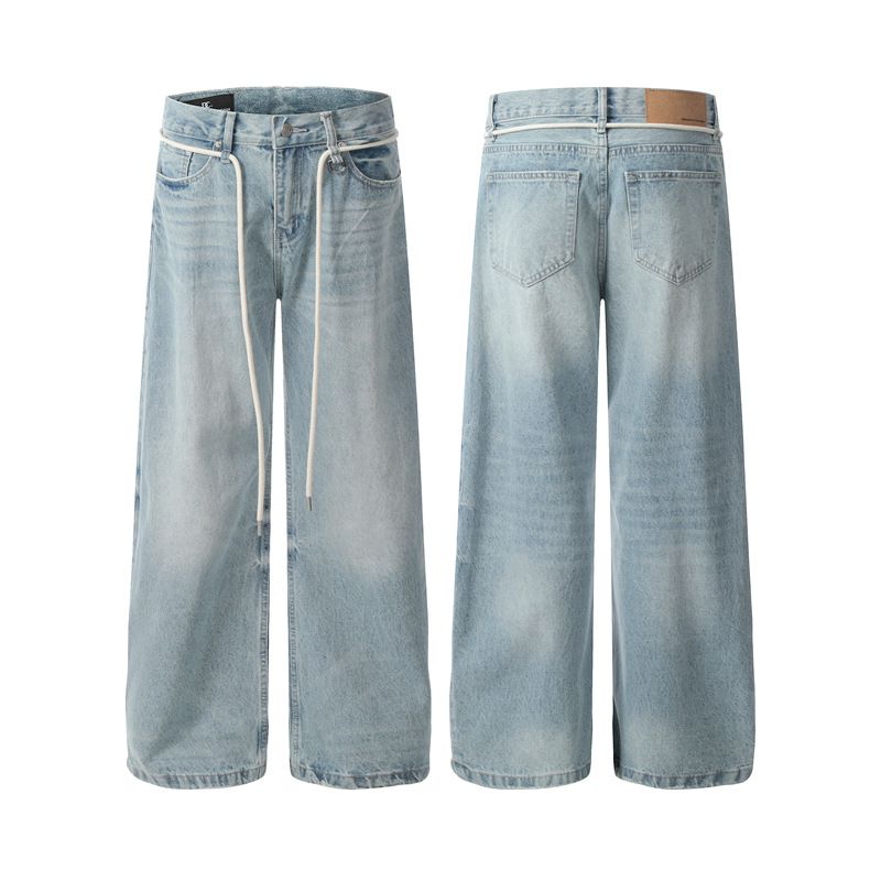 Men's Clothing Retro Basic Washed Blue Scimitar Jeans Men And Women New Loose Straight Commuter Pants_viptrois.com
