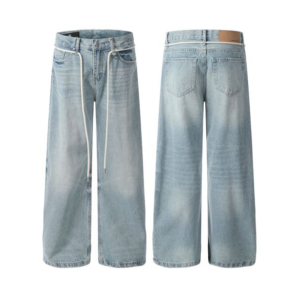 Men's Clothing Retro Basic Washed Blue Scimitar Jeans Men And Women New Loose Straight Commuter Pants_viptrois.com
