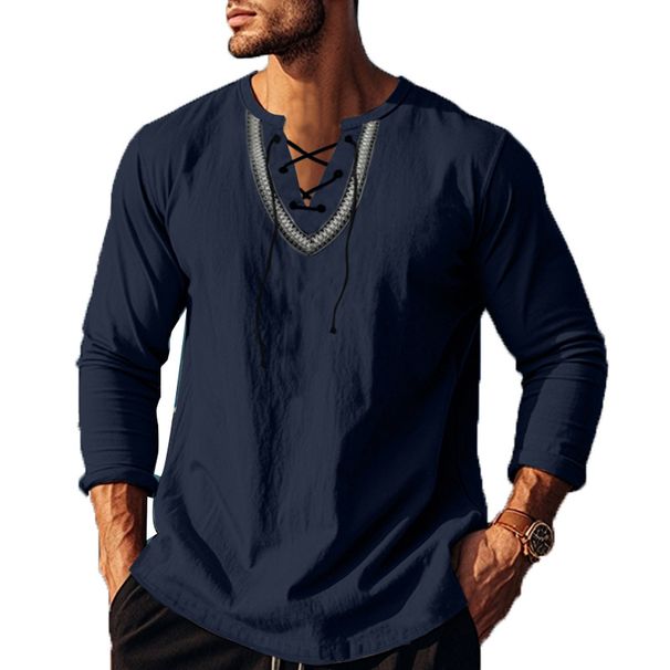 2024 Spring And Autumn New Loose Pullover Ethnic Style Casual Long Sleeve Shirt Cotton Linen Stand Collar Men_viptrois.com