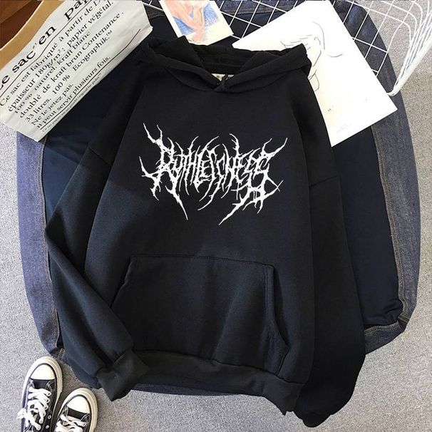 Gothic Letter Print Hooded Sweatshirt, Oversized Streetwear Pullover, Punk-Inspired Unisex Top With Side Pockets (Black/White/Pink/Purple, XS-3XL)_viptrois.com