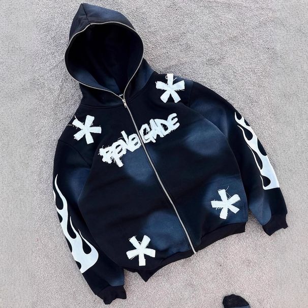 Men's Clothing Personality Letter Printing Unisex Streetwear Zip-Up Hoodie With Embroidered Patch & Bold Letter Print – Oversized Fit For Men & Women_viptrois.com
