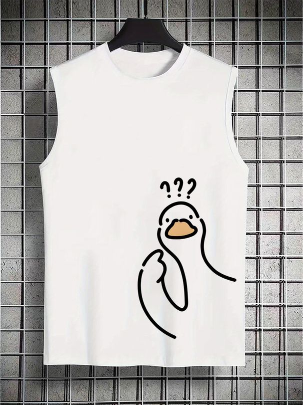100% Pure Cotton Men's Summer Casual Sports Fitness Loose Question Mark Duck Pattern Printed Breathable Round Neck Sleeveless Vest_viptrois.com