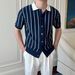Men's Clothing Casual Striped Polo Shirt Men's Summer Business Lapel Slim Fit Top Gentleman Thin Knitted Striped Short Sleeved T Shirt_viptrois.com