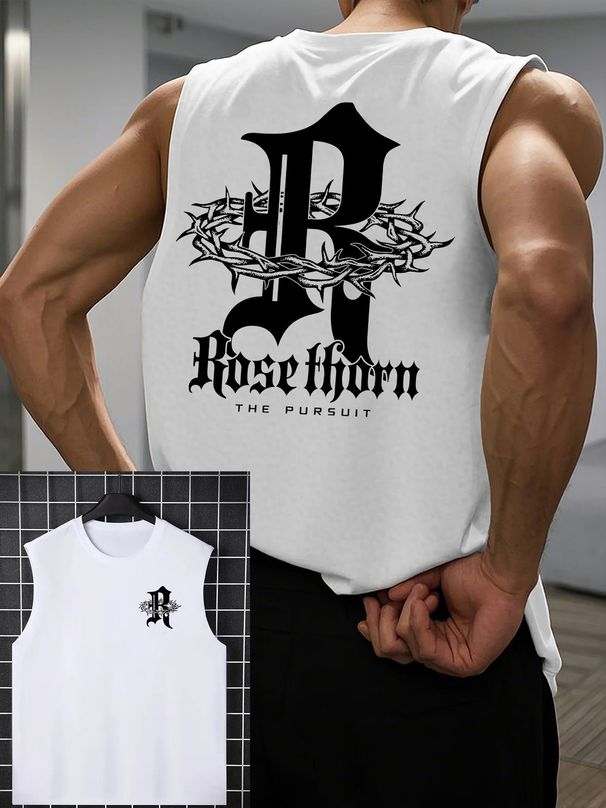 100% Pure Cotton Men's Summer Casual Sports Fitness Loose Gothic Letter R Rose Thorn Print Breathable Round Neck Sleeveless Vest_viptrois.com