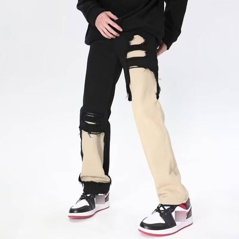 Men’s High-Street Ripped Jeans – Black & White Contrast Slim-Fit Flared Pants With Distressed Detailing_viptrois.com