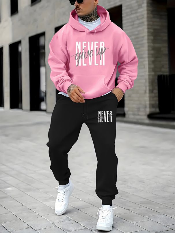 Men's Autumn/Winter Casual Fashion Never Give Up Pattern Printed Loose Suede Thick Hoodie+Sports Pants Set_viptrois.com