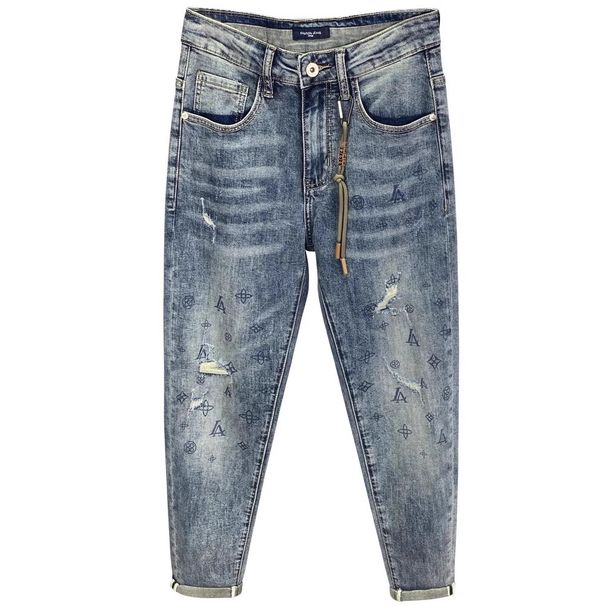 High-End Design Printed Jeans For Men, Thin Slim Fit, Skinny, Ripped With Patches, Nine-Point Pants_viptrois.com