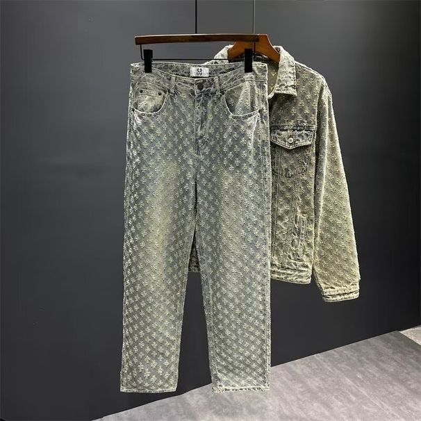 men's hong kong style patchwork denim jacket distred washed casual spring autumn midweight straight leg jeans two piece set_viptrois.com