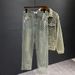 men's hong kong style patchwork denim jacket distred washed casual spring autumn midweight straight leg jeans two piece set_viptrois.com