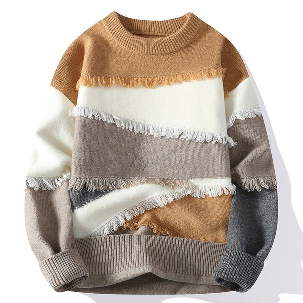 Splicing Contrasting Tassel Sweater, Thick And Loose Knit Sweater, Long Sleeved For Teenagers_viptrois.com