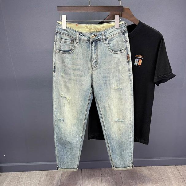 Men's Clothing New Light Colored Retro High End Ripped Jeans Men's Loose Tapered Slim Fitting Elastic Harem Nine Point Pants_viptrois.com