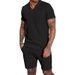 Men's Clothing Summer New Waffle V Neck Men's Short Sleeved Shorts Two Piece Lapel Polo Men's Suit_viptrois.com
