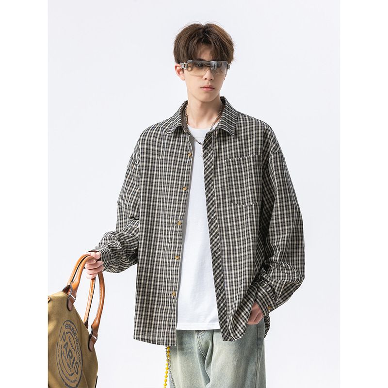Men's Clothing Classic Checkered Long Sleeve Shirt For Men - Vintage-Inspired Oversized Button-Up With Breathable Cotton Blend_viptrois.com