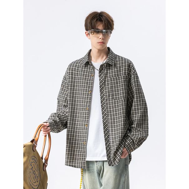 Men's Clothing Classic Checkered Long Sleeve Shirt For Men - Vintage-Inspired Oversized Button-Up With Breathable Cotton Blend_viptrois.com