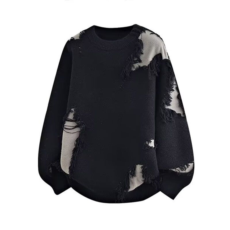 "Men's Distressed Knit Sweater – Ripped & Frayed Edge Design, Color Block Pullover, Oversized Winter Casual Wear"_viptrois.com