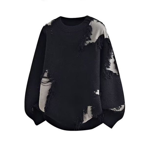 "Men's Distressed Knit Sweater – Ripped & Frayed Edge Design, Color Block Pullover, Oversized Winter Casual Wear"_viptrois.com