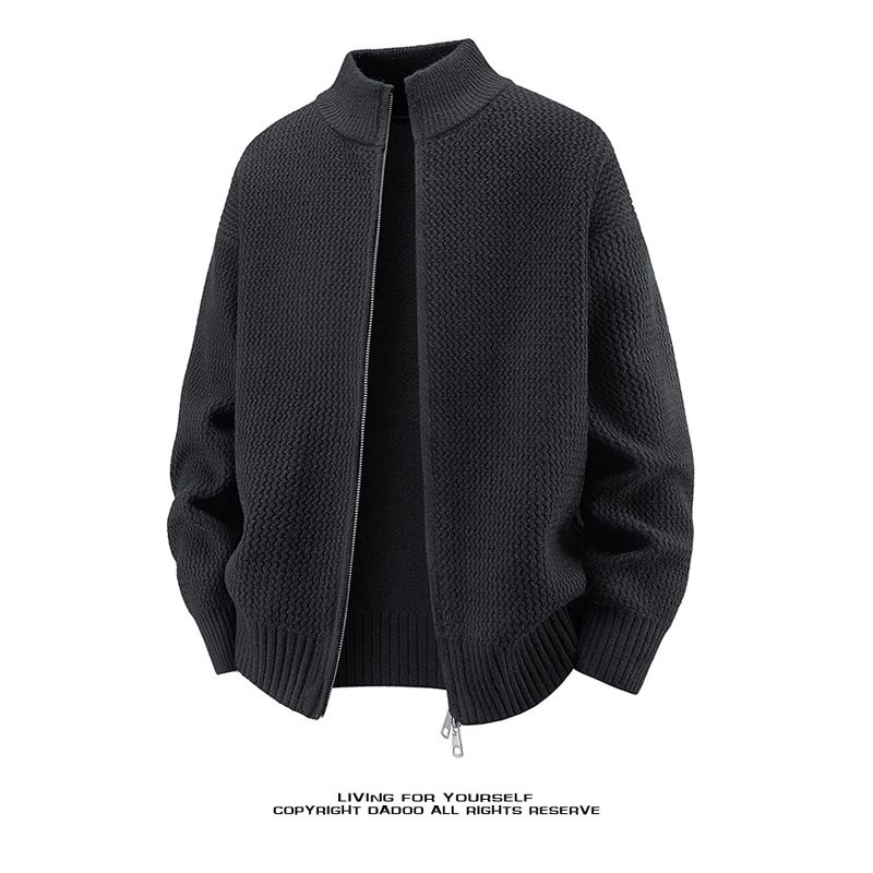 Men's Wavy Knit Cardigan Sweater - Oversized Batwing Loose Fit Long Sleeve Semi-Turtleneck Pullover For Autumn & Winter_viptrois.com