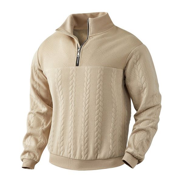 Men's Jacquard Pullover Sweatshirt Stand Up Collar Zip Up Jacket Loose Fitting Heavyweight Long Sleeved T-Shirt - Black/Gray Polyester_viptrois.com