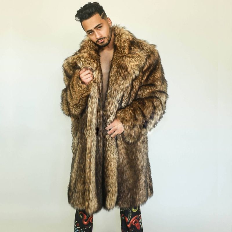 Men's Clothing Fur Coat For Autumn And Winter, Imitation Raccoon Fur Mid Length Coat, Fashionable Men's European And American Foreign Trade Large Size_viptrois.com