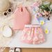 Kid's Clothing New Summer Girls Suits Small And Medium Children's Solid Color Halter Neck Top + Printed Shorts + Belt_viptrois.com