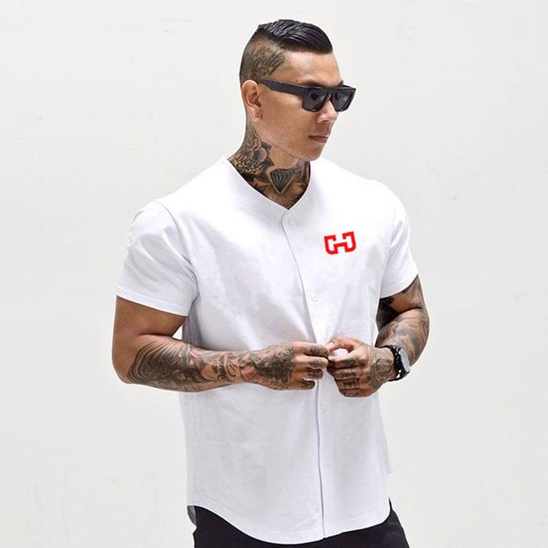 2025 Summer New Muscular Men's Fitness Short Sleeved T-shirt Cardigan V-neck Shirt Elastic Pure Cotton Running_viptrois.com