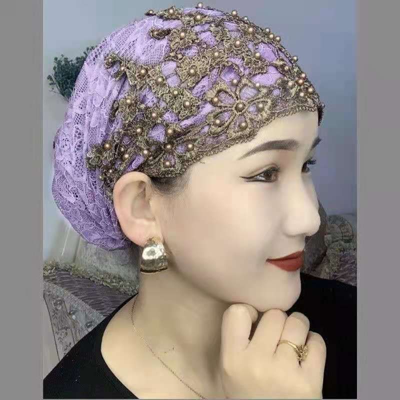 Women's Scarves Spring and summer new square dance hat hat women's Baotou hat casual beaded lace hat mother hat hair cover head_viptrois.com