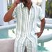 Men's Striped Print Short Sleeve Shirt And Shorts Set Casual 4-Way Stretch Lounge Wear_viptrois.com