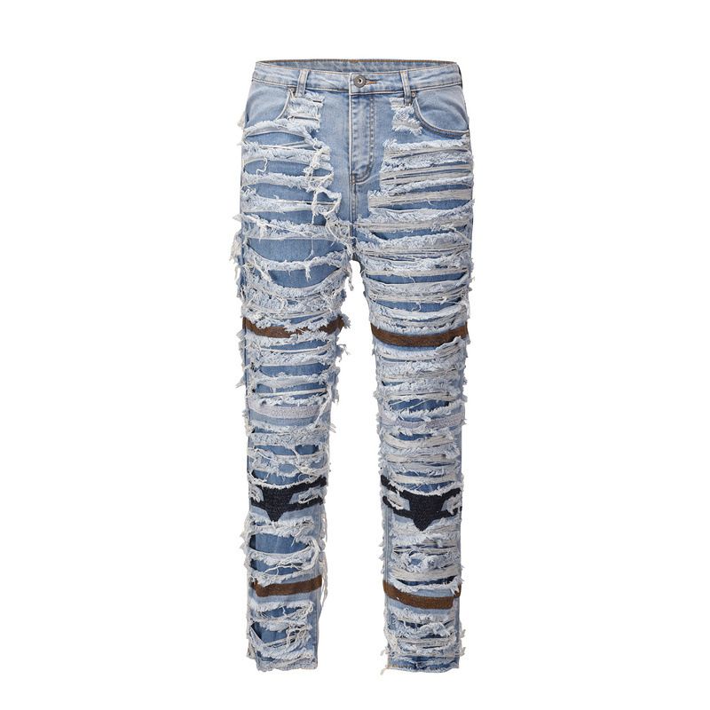 Men's Clothing high street ins same retro washed old knee hole lined cat whisker worn straight jeans_viptrois.com