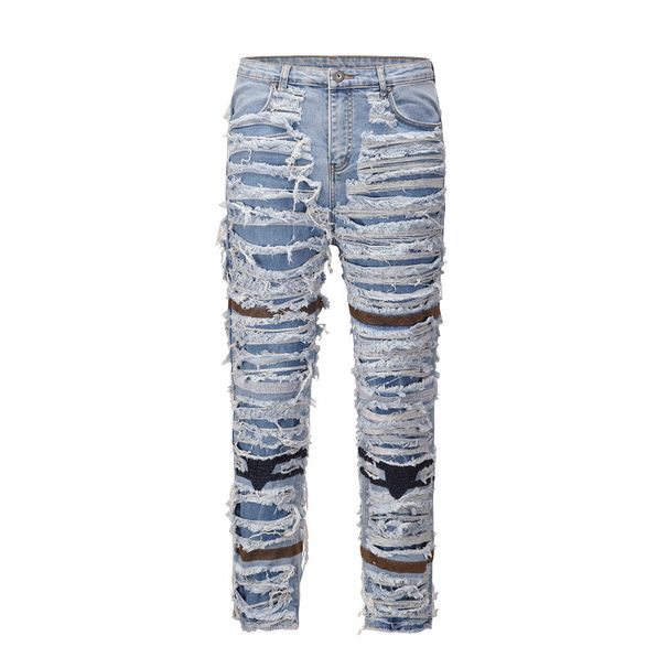 Men's Clothing high street ins same retro washed old knee hole lined cat whisker worn straight jeans_viptrois.com
