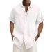 Men's Clothing New Men's Short Sleeved Shirt Cotton Lapel With Pockets Solid Color Loose Large Version Men's Shirt_viptrois.com