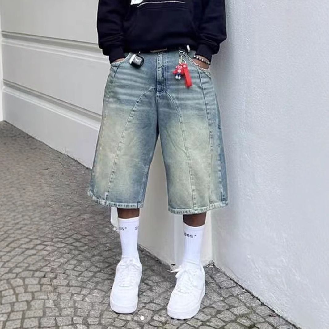 American Retro Washed High Street Denim Shorts Unisex Straight Wide Leg Distressed Loose Casual Versatile Capri Pants_viptrois.com
