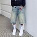 American Retro Washed High Street Denim Shorts Unisex Straight Wide Leg Distressed Loose Casual Versatile Capri Pants_viptrois.com