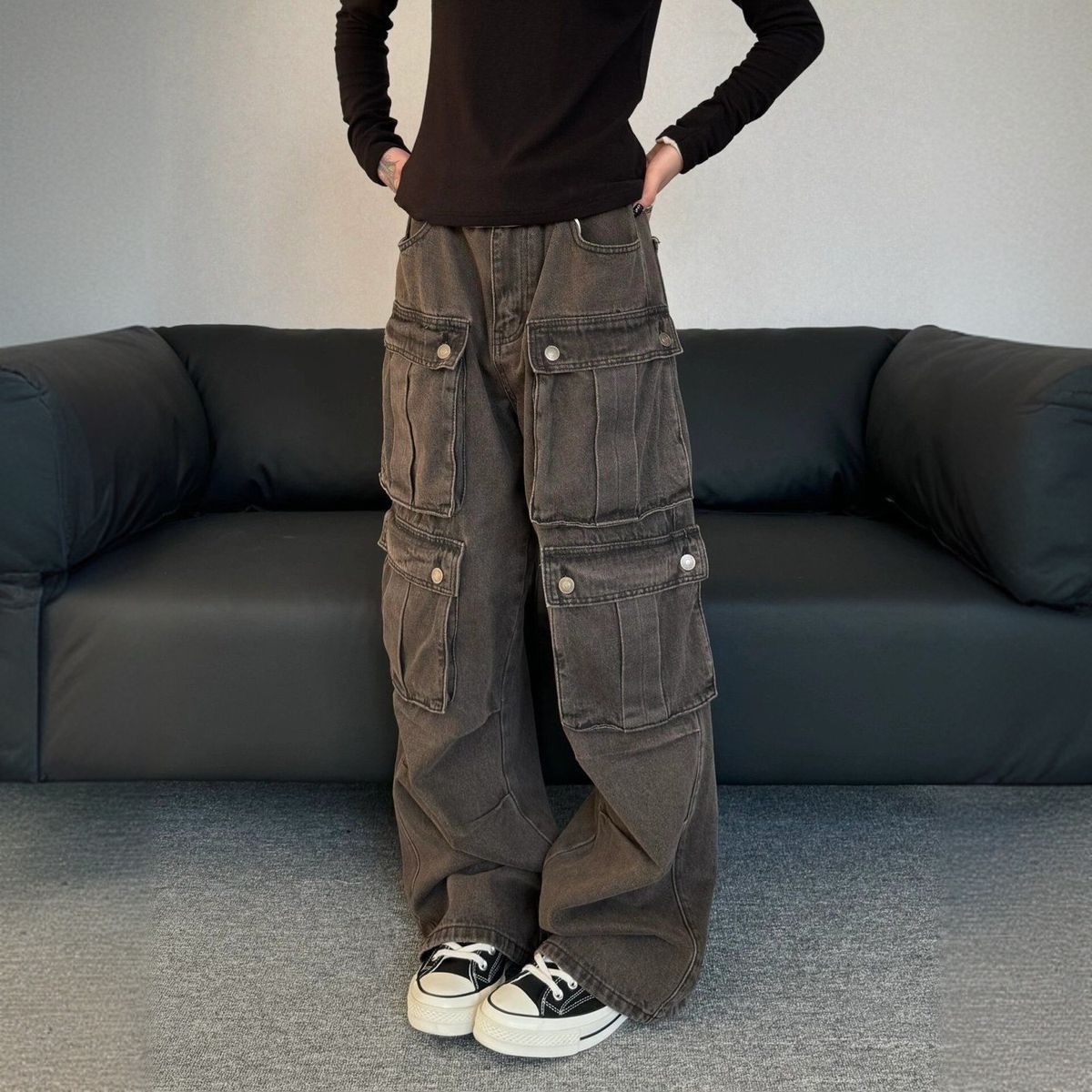 Men's Clothing Retro Distressed Washed Multi Pocket Workwear Jeans For Women Street Style Loose Casual Pants_viptrois.com