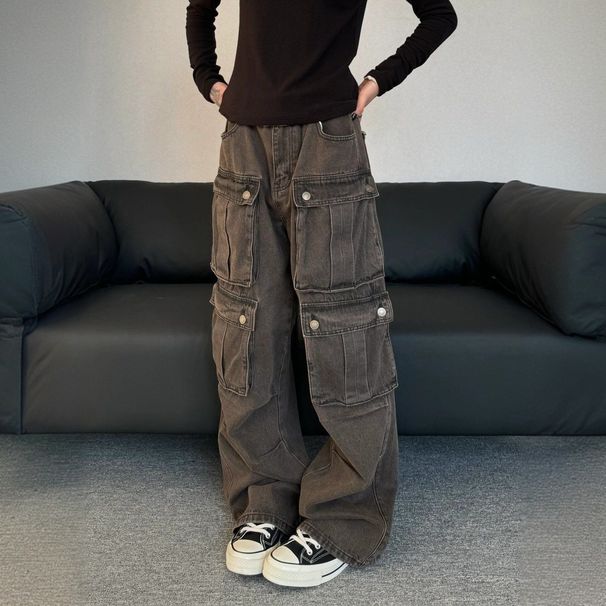Men's Clothing Retro Distressed Washed Multi Pocket Workwear Jeans For Women Street Style Loose Casual Pants_viptrois.com