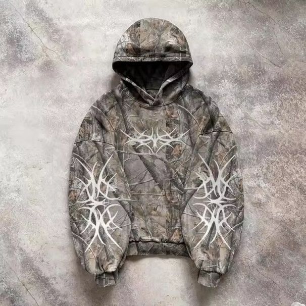 Men's Clothing Unisex Camo Hoodie Oversized Streetwear Pullover With Vintage Y2K Print – Trendy & Comfortable For Urban Fashion Lovers_viptrois.com