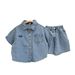 Kids Clothing Small And Medium Sized Handsome Street Blasting Denim Shirts And Shorts Two Piece Suits_viptrois.com