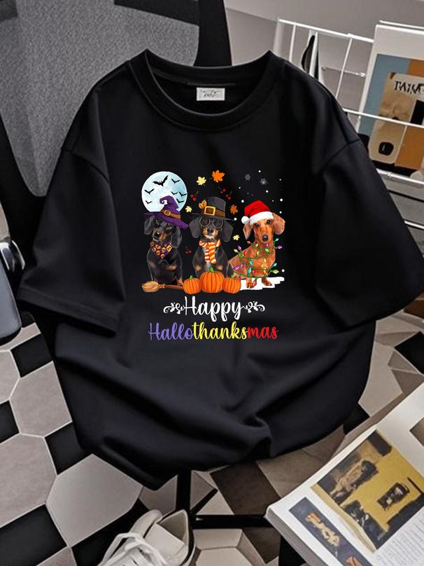 Dachshund Dog Halloween Merry Christmas Happy Hallothanksmas T-Shirt Fashion Stretched Versatile Streetwear Designer Clothes Breathable Unisex_viptrois.com